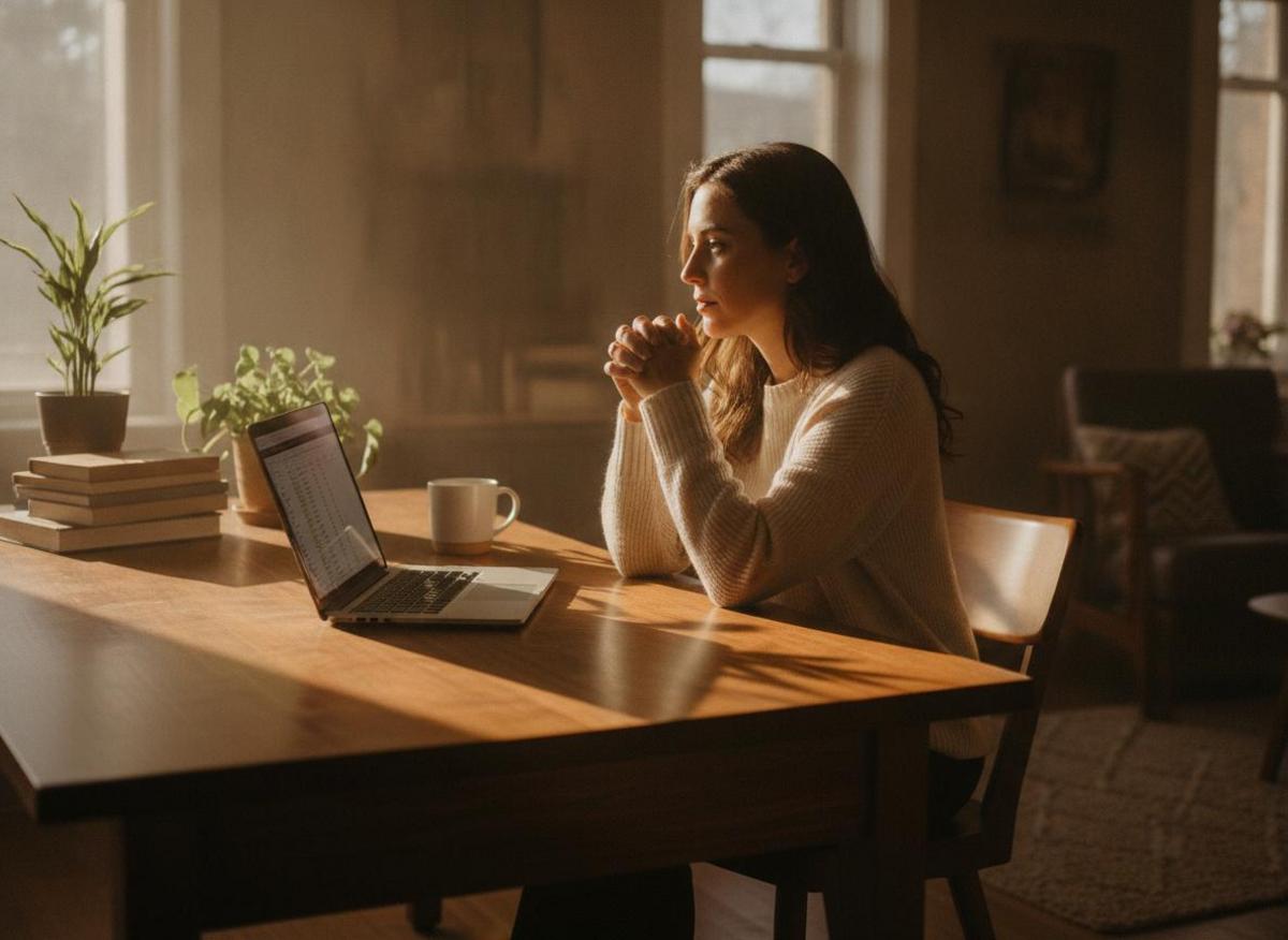 Solopreneurin am Holzschreibtisch mit Laptop – SEO für kleine Unternehmen im Home-Office umsetzen