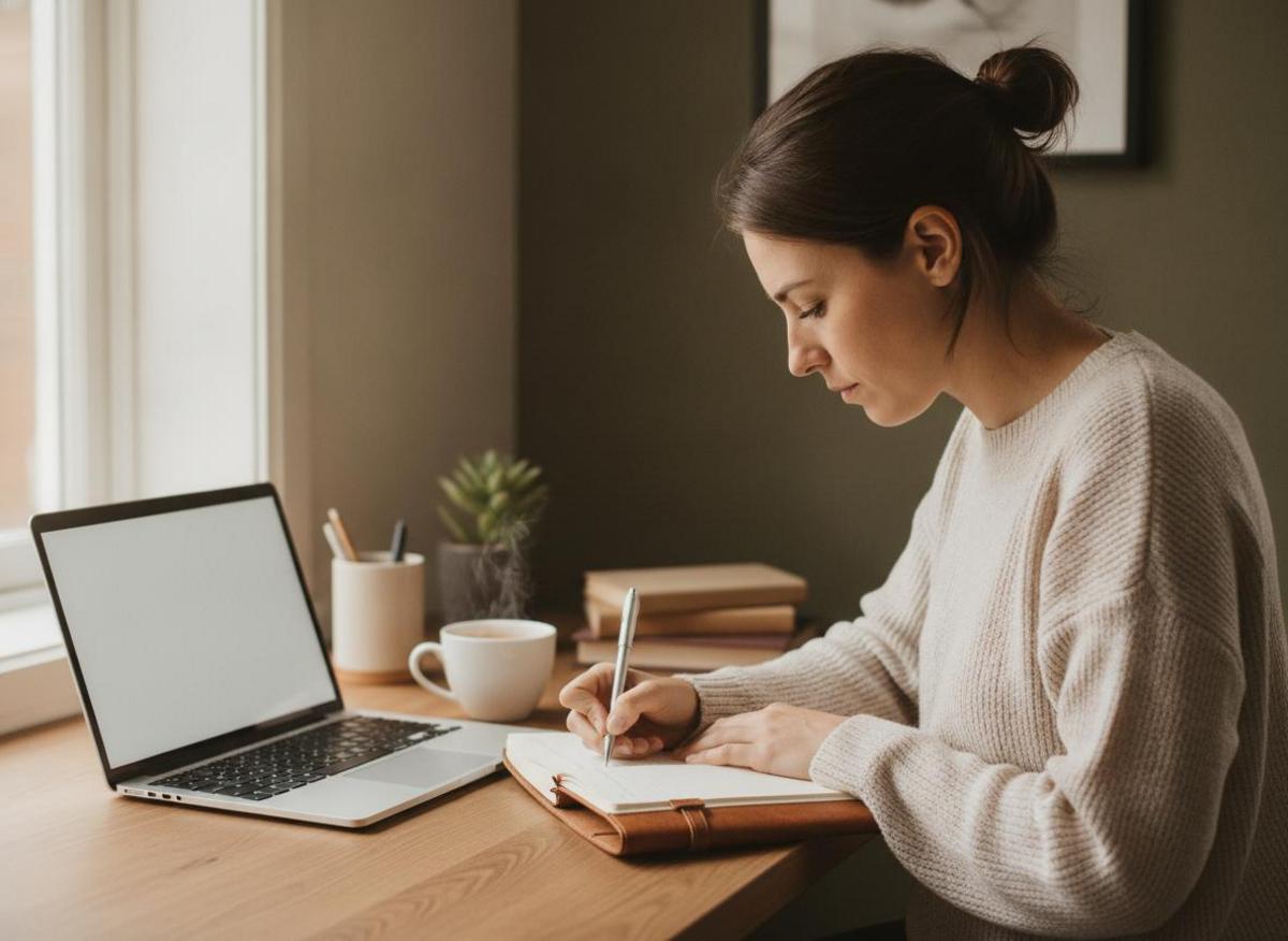 Frau plant SEO für kleine Unternehmen: Notizbuch, Laptop und Kaffee am aufgeräumten Schreibtisch