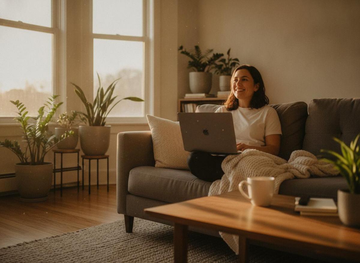 Solopreneurin arbeitet entspannt mit Laptop – SEO für kleine Unternehmen ohne Agentur umsetzen