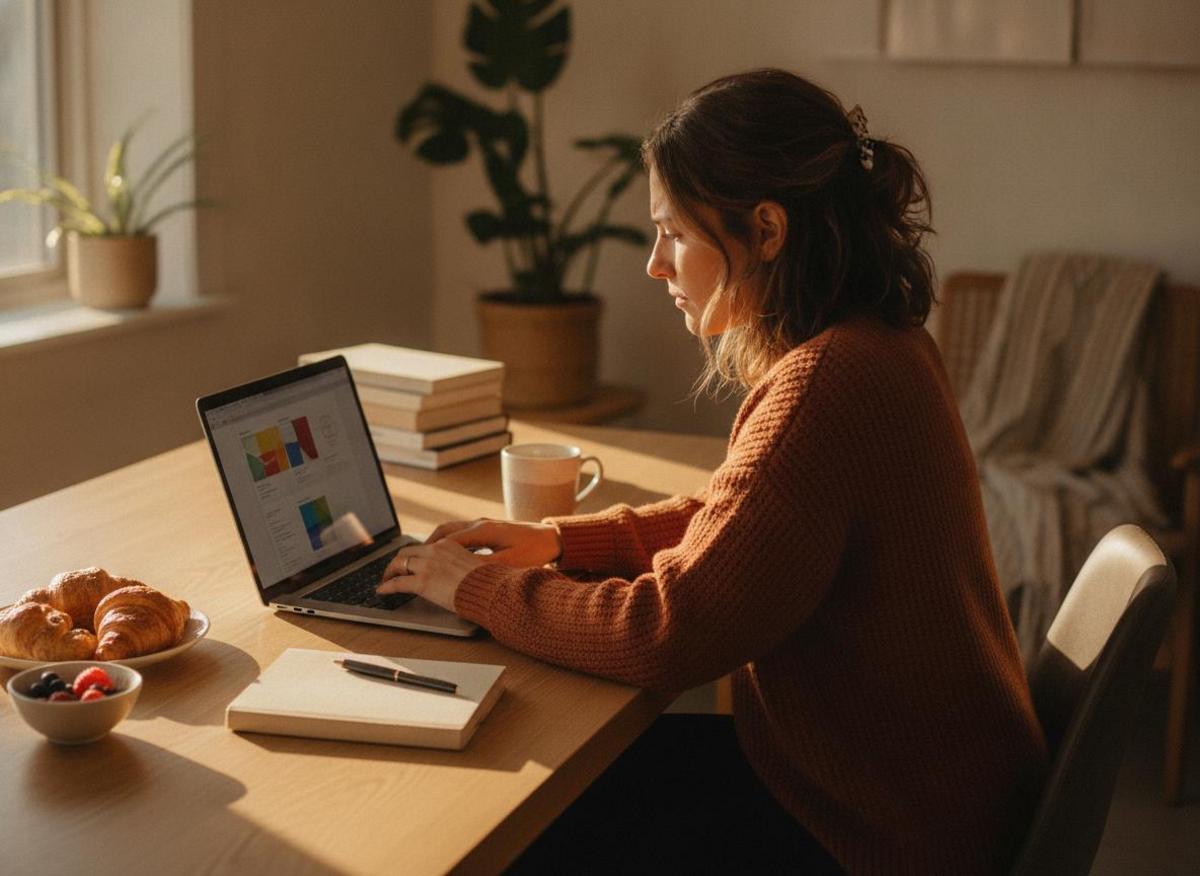 Solopreneurin nutzt KI Tools Marketing 2026 – konzentriert am Laptop im morgendlichen Homeoffice