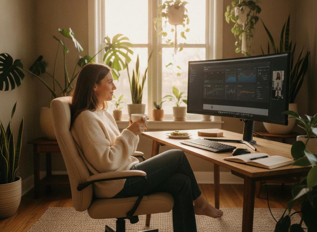 Selbstständige nutzt KI Tools im Marketing 2026 – entspannt im Home-Office mit Kaffee am Monitor