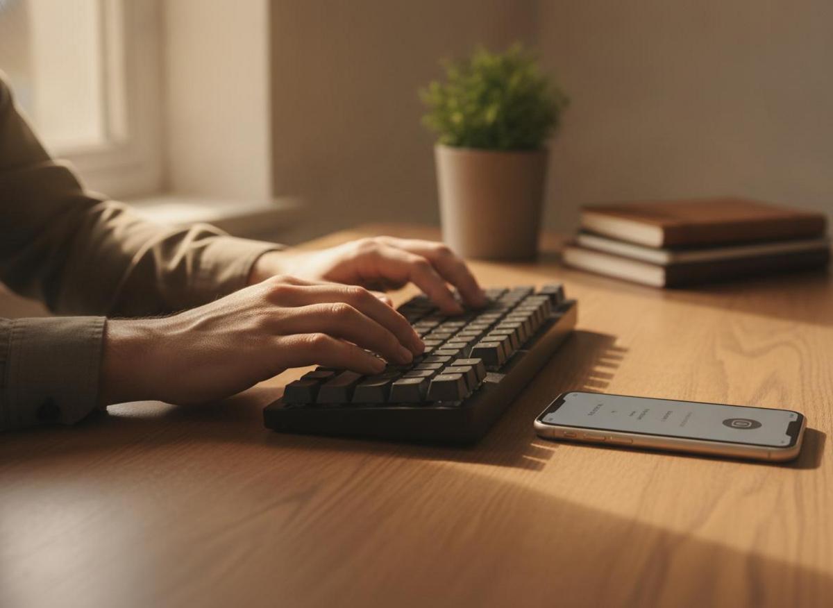 Selbstständige nutzt KI Tools Marketing 2026 – Laptop und Smartphone im minimalistischen Home Office