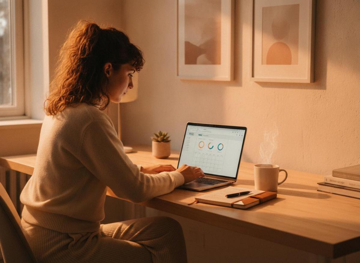 Solopreneurin am Schreibtisch mit Laptop – was ist SEO einfach erklärt im Morgenlicht