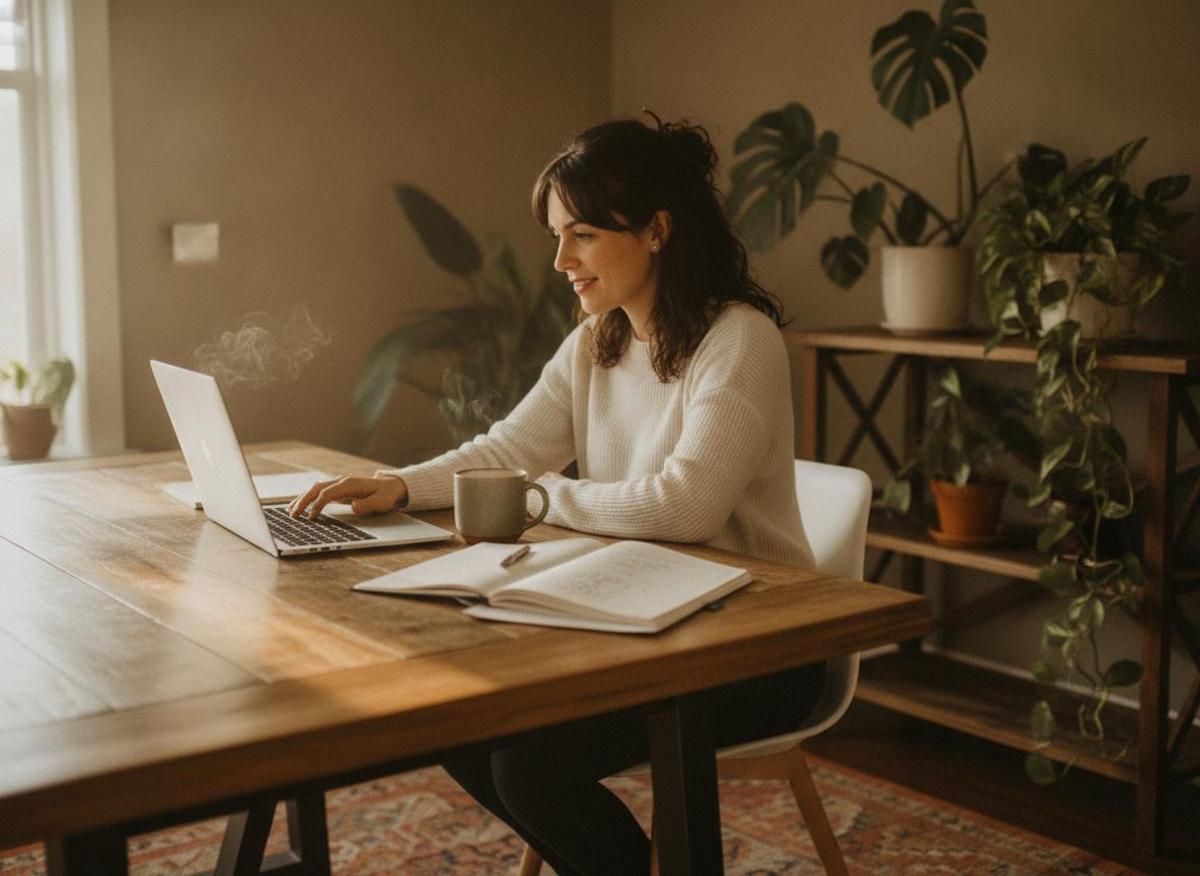 Frau lernt SEO für Anfänger Schritt für Schritt am Laptop im Homeoffice mit Morgenlicht und Kaffee