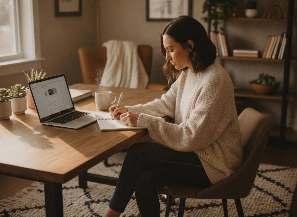 Solopreneurin notiert SEO-Grundlagen Schritt für Schritt im Notizbuch neben Laptop im hellen Homeoffice