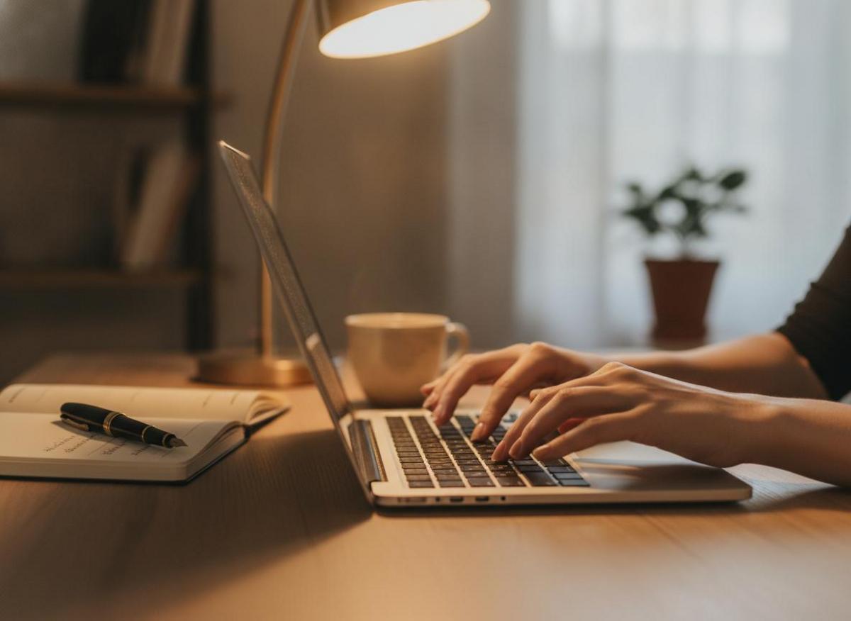 Frau tippt SEO-Optimierung Schritt für Schritt am Laptop – Anfänger-Anleitung am aufgeräumten Schreibtisch