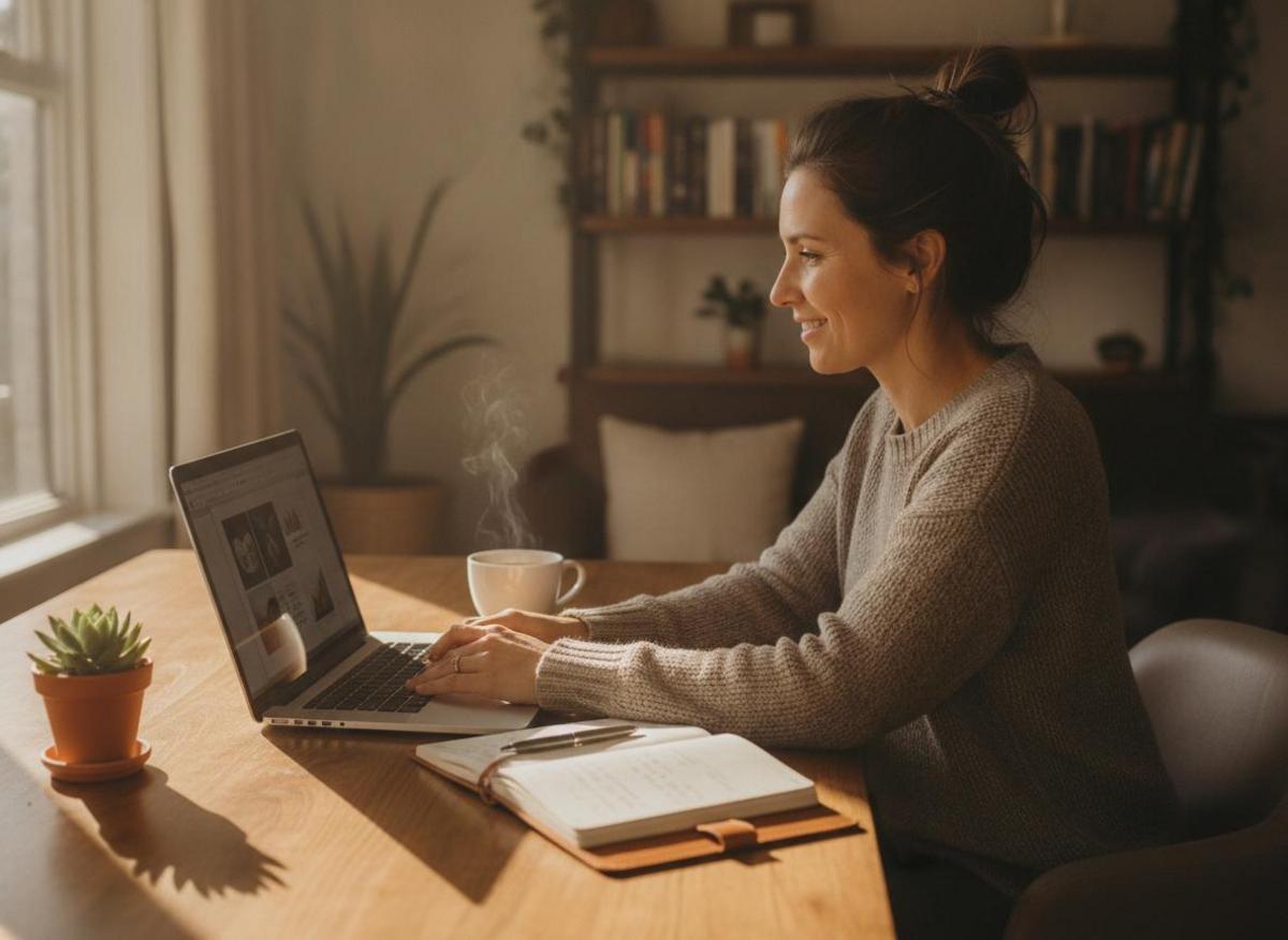 Frau plant SEO für kleine Unternehmen am Holzschreibtisch mit Laptop und Notizbuch im Home-Office