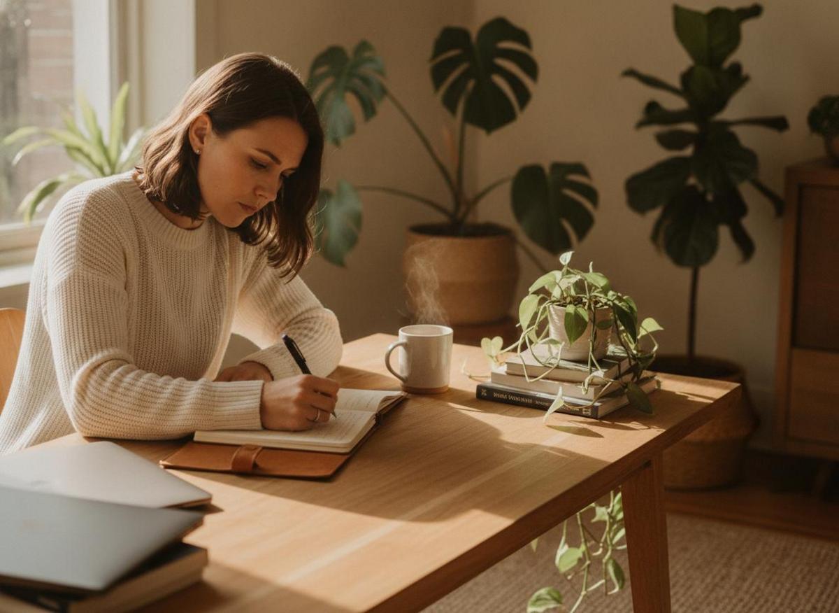 Selbstständige Frau arbeitet an SEO für kleine Unternehmen im gemütlichen Home-Office mit Tageslicht und Pflanzen