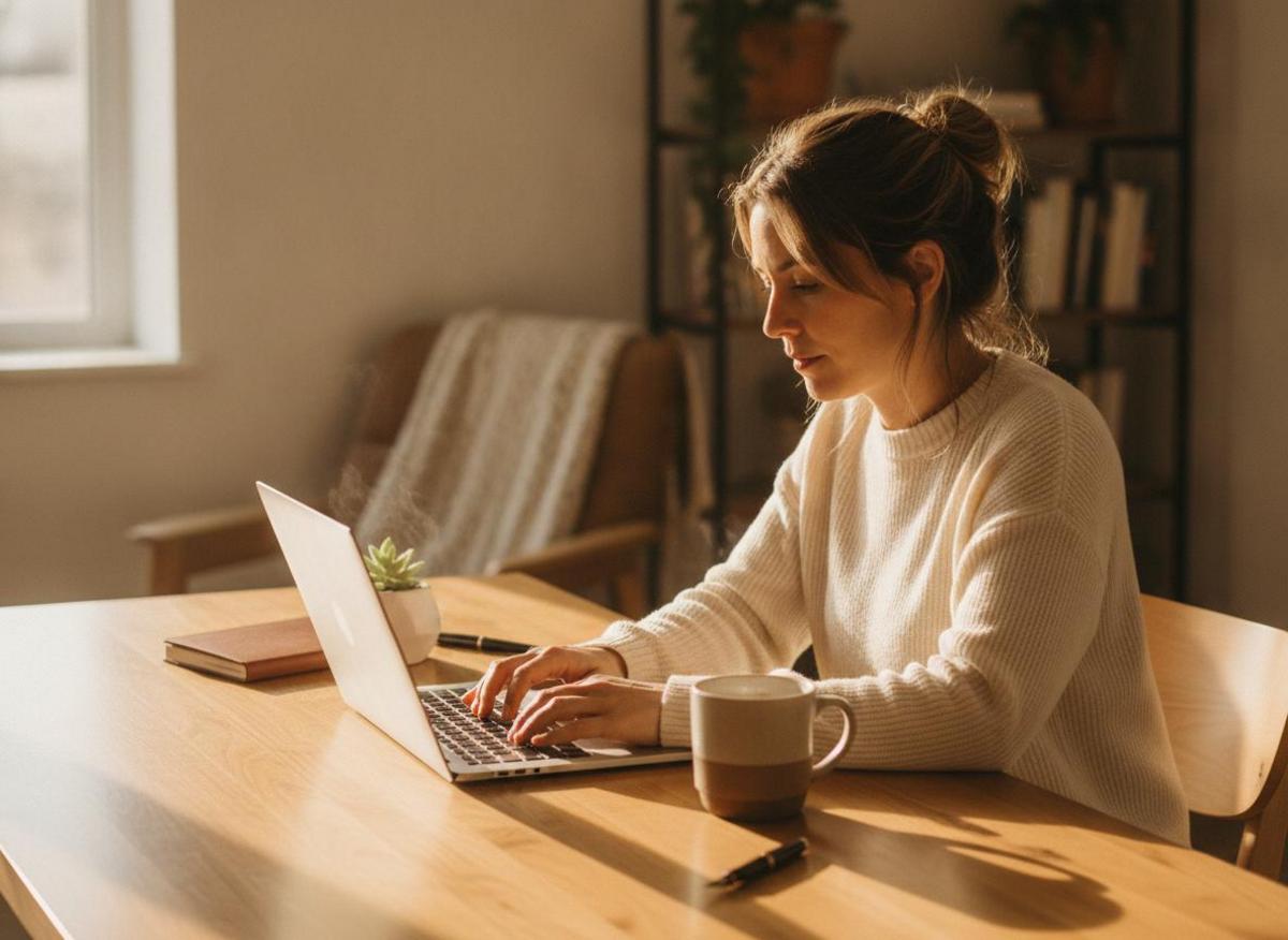 Solopreneurin arbeitet mit KI Tools für Selbstständige am Laptop – konzentriert im warmen Morgenlicht