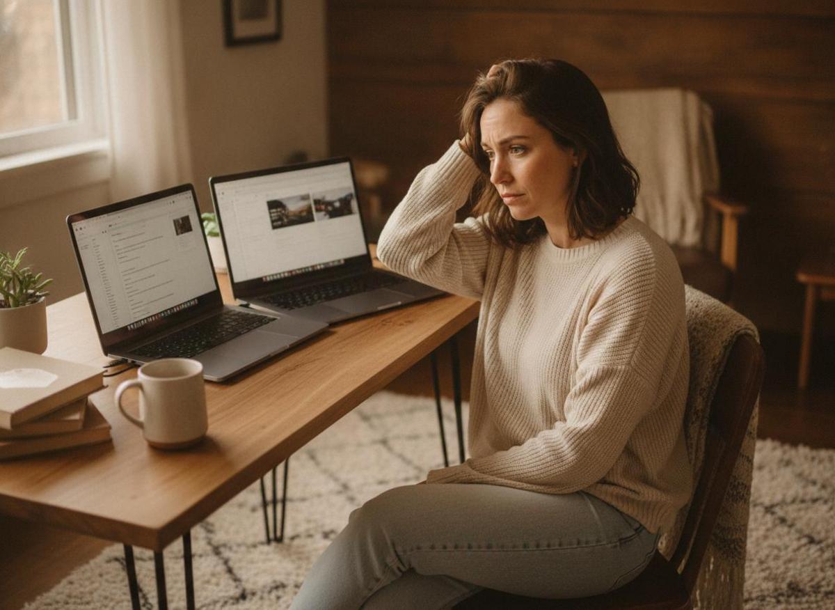 Selbstständige Unternehmerin im Home-Office überfordert von zwei Laptops – Zeitfallen bei KI-Tools