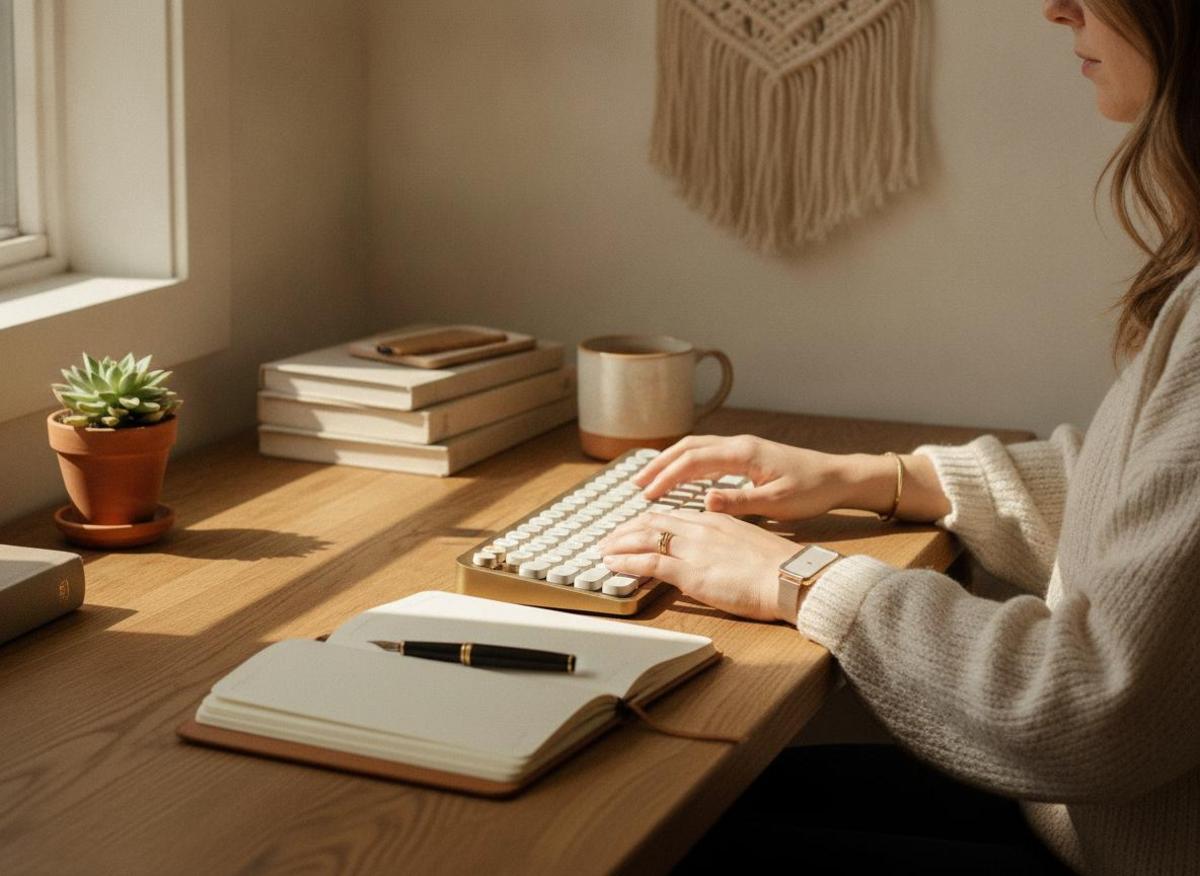 Selbstständige Unternehmerin nutzt KI-Tools im sonnigen Home-Office – Hände auf Tastatur, Notizbuch daneben