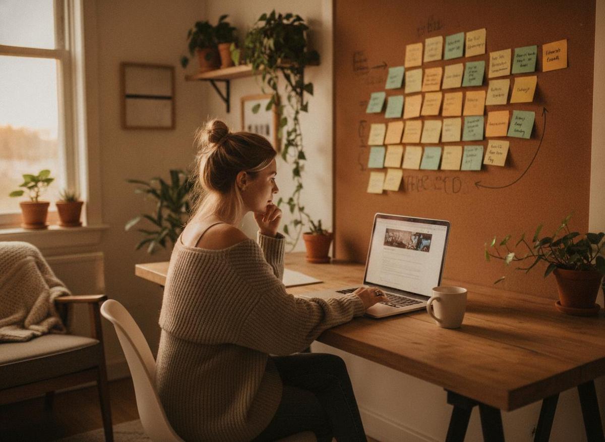 Selbstständige Frau optimiert Website am MacBook – lokale SEO Tipps für Selbstständige im Homeoffice