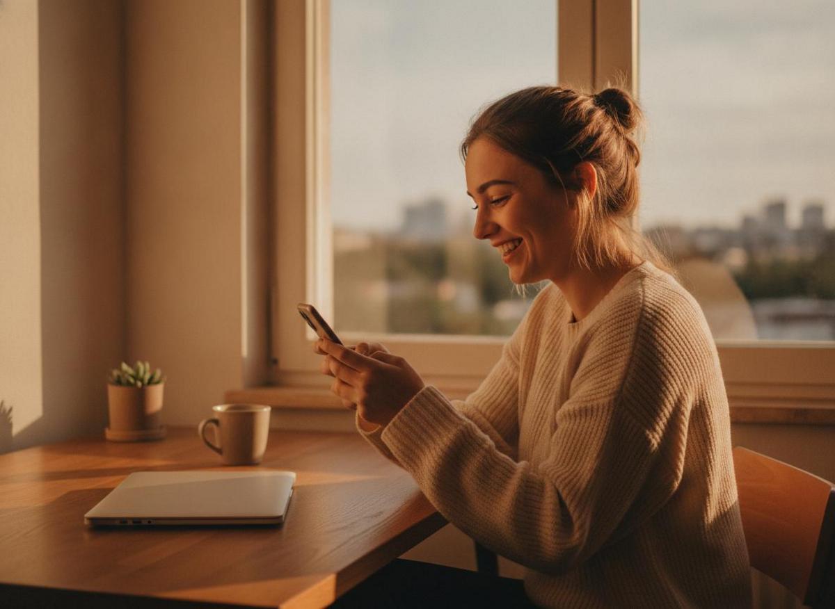 Selbstständige liest positive Bewertungen auf Smartphone – lokale SEO Tipps für besseres Ranking
