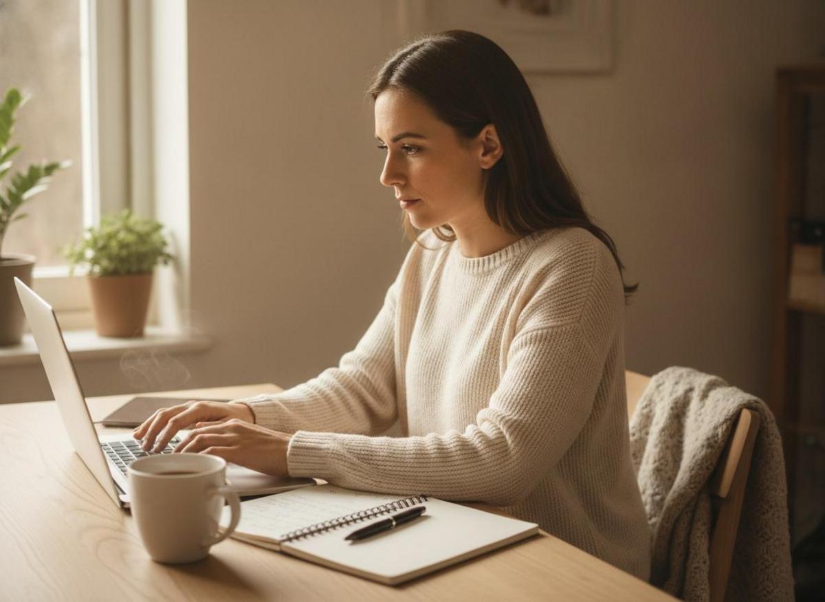 Selbstständige nutzt beste Produktivitäts-Apps im Home Office mit Laptop, Notizbuch und Kaffee
