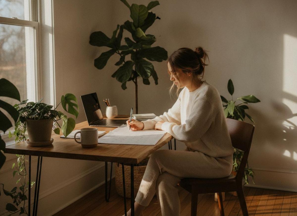 Freelancerin plant ihre Routine für mehr Fokus mit Kalender im hellen Home-Office mit Pflanzen
