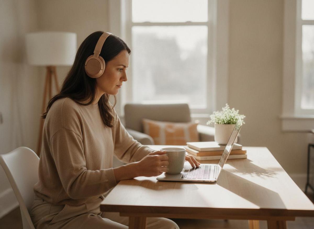 Freelancerin mit Kopfhörern und Tee arbeitet fokussiert am Laptop – Routine für mehr Fokus im Home-Office