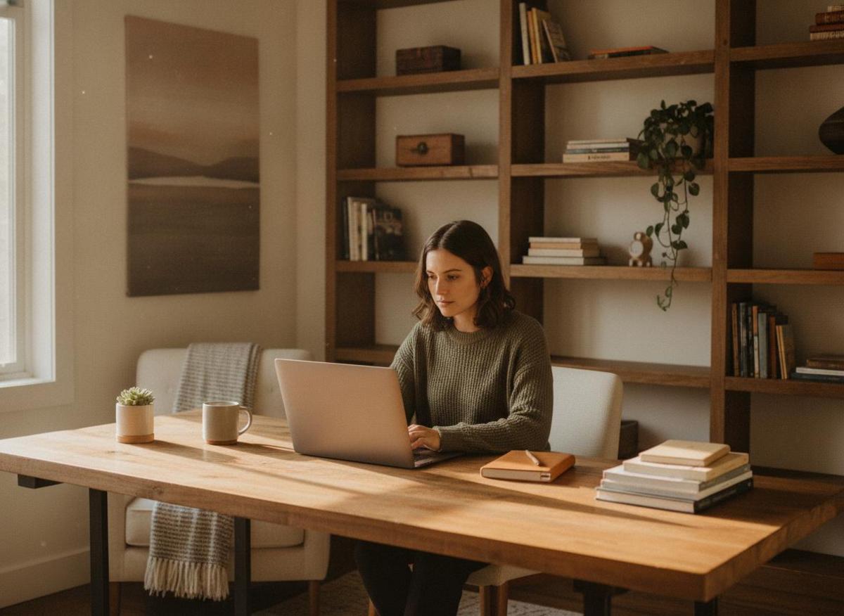 Solopreneurin nutzt KI-Tools für SEO Trends 2026 – kleine Unternehmen im Home-Office