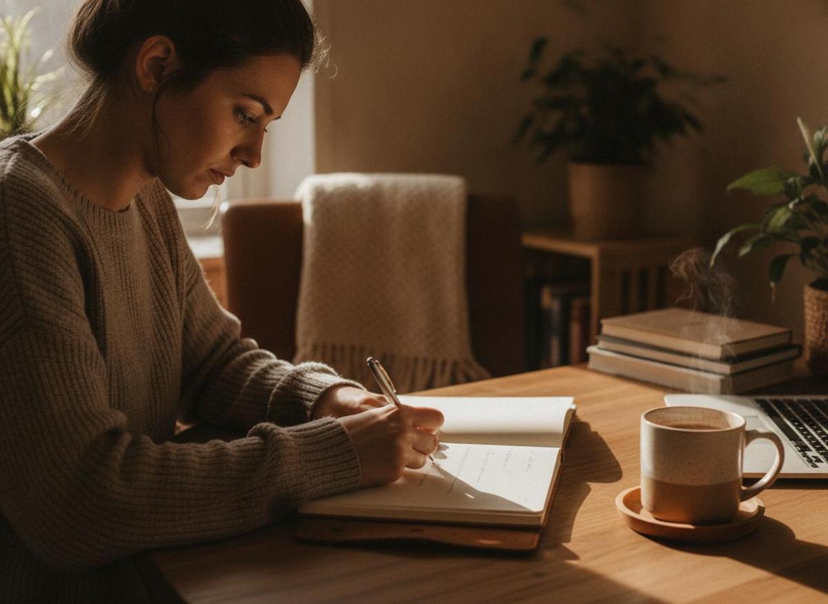 Selbstständige Frau schreibt im Home Office – echte Expertise als SEO-Trend 2026 für kleine Unternehmen