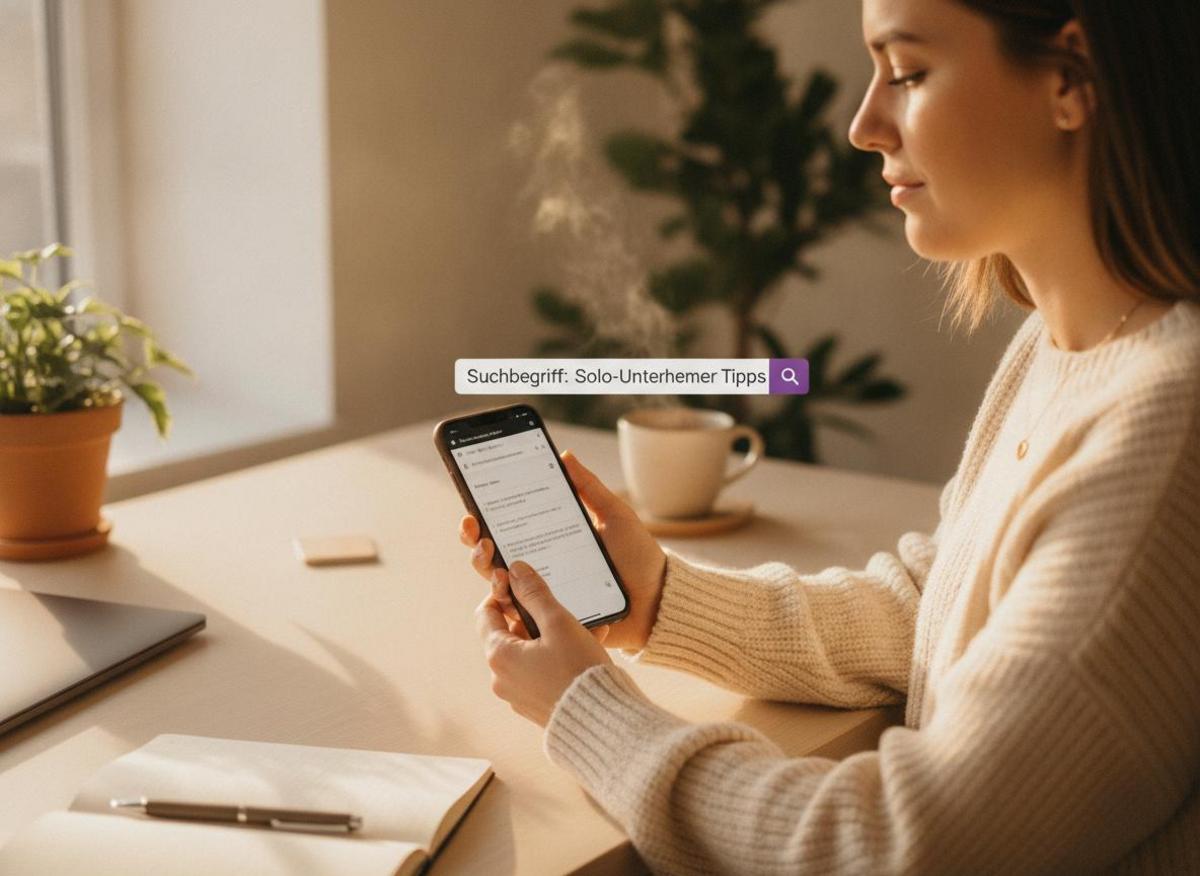 Frau recherchiert SEO Trends 2026 kleine Unternehmen am Smartphone im hellen minimalistischen Büro