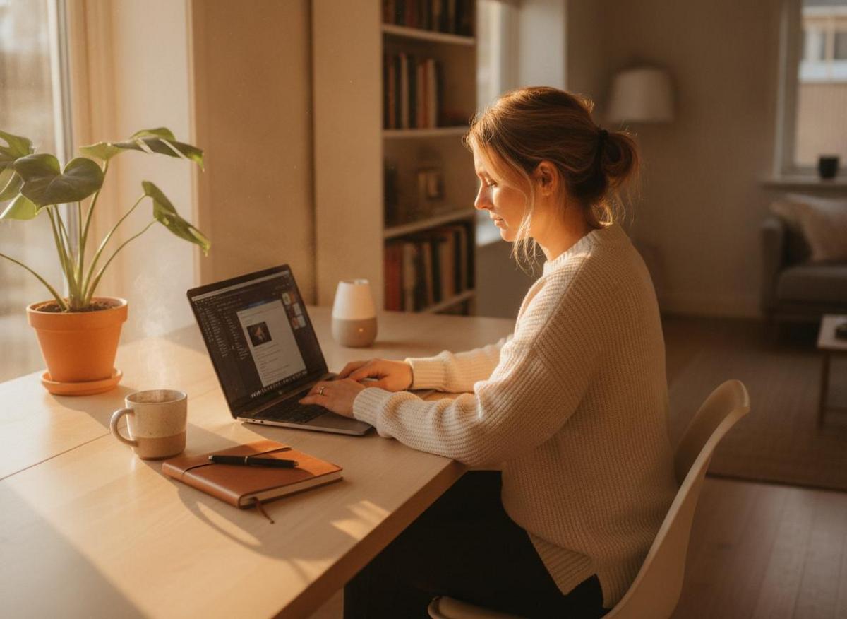 Frau arbeitet im Home-Office an On-Page-SEO-Tipps für Einsteiger – Laptop und Notizbuch auf hellem Holzschreibtisch