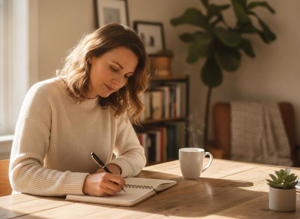 Frau erstellt Redaktionsplan einfach im Notizbuch – helles Homeoffice mit Kaffee und natürlichem Fensterlicht