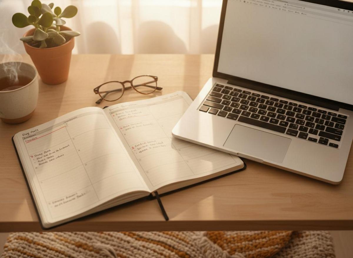 Aufgeklappter Redaktionsplan einfach erstellen mit handgeschriebenem Content-Kalender, Laptop und Pflanze im Hintergrund